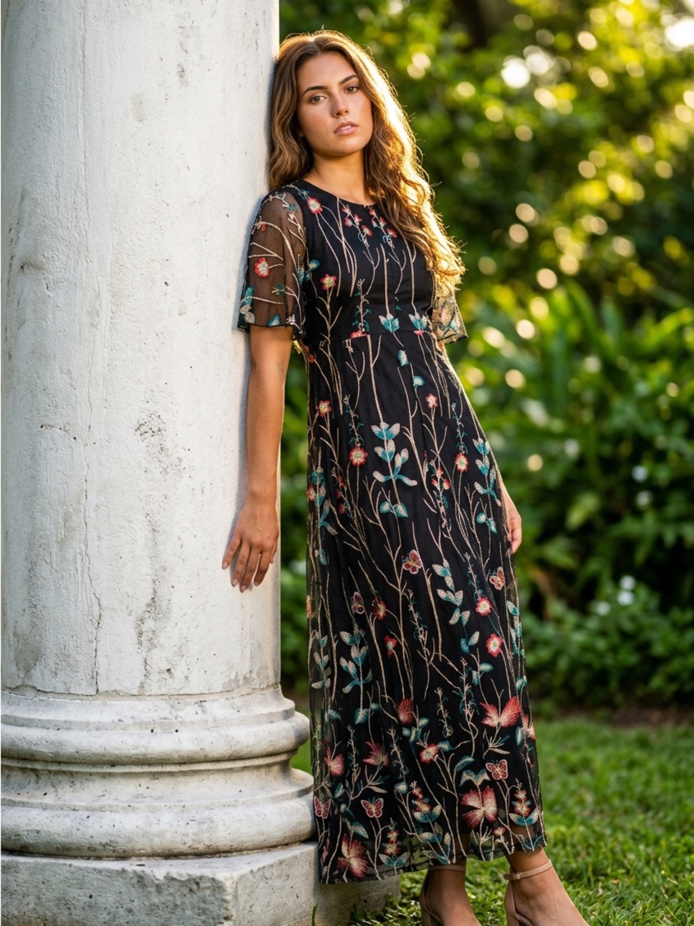 Kiyonna Onyx Floral Maxi dress with Pastel Blooms